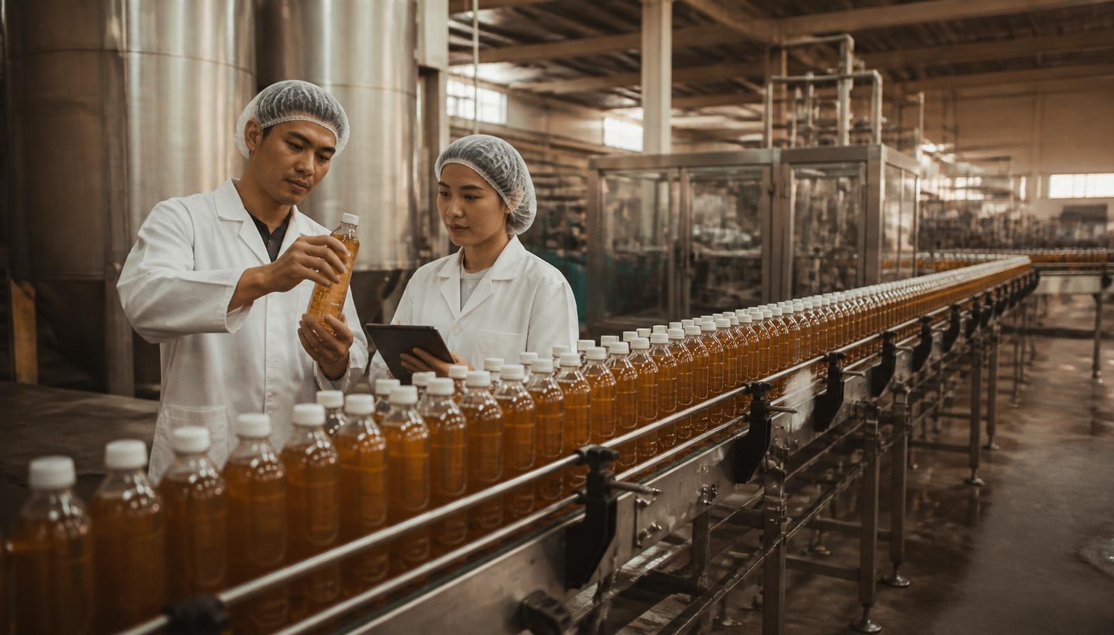 Two quality specialists inspecting bottled product on a beverage line