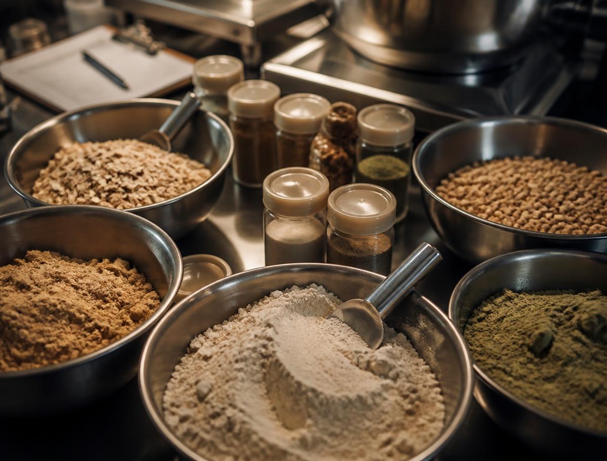 Bowls of dry ingredients and sample jars on a product formulation bench