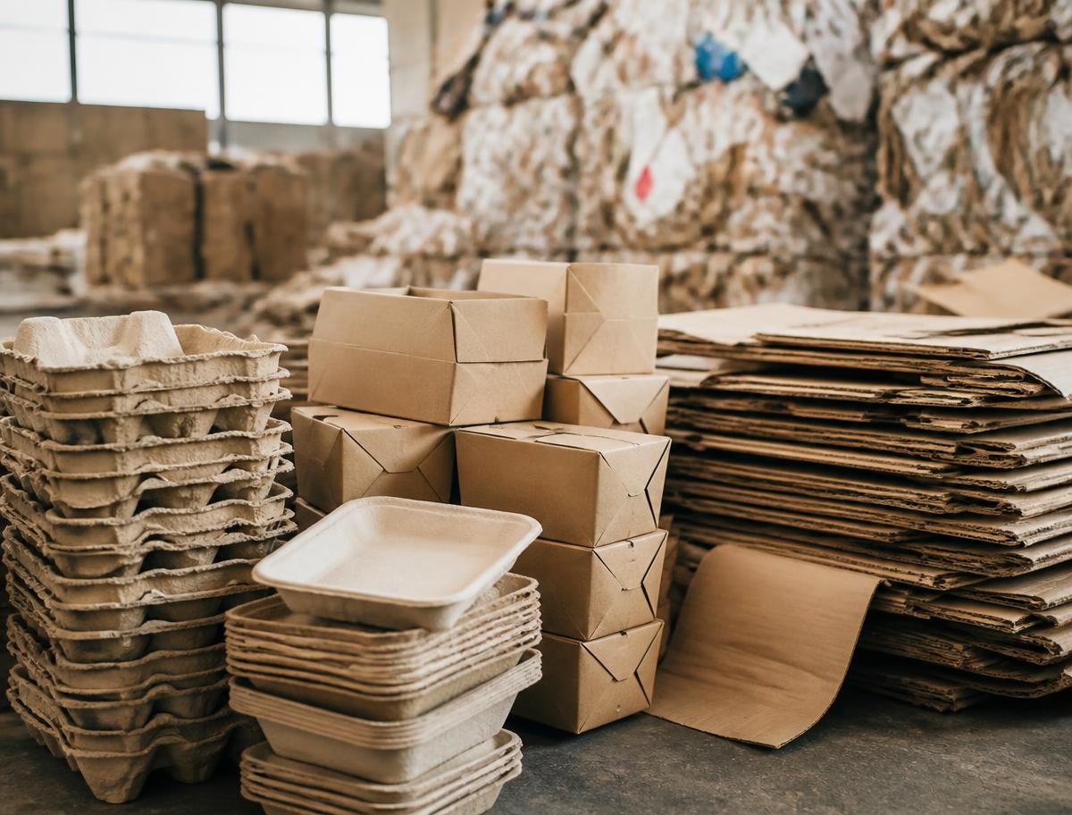Stacked recycled fibre trays and flattened cardboard at a materials recovery facility