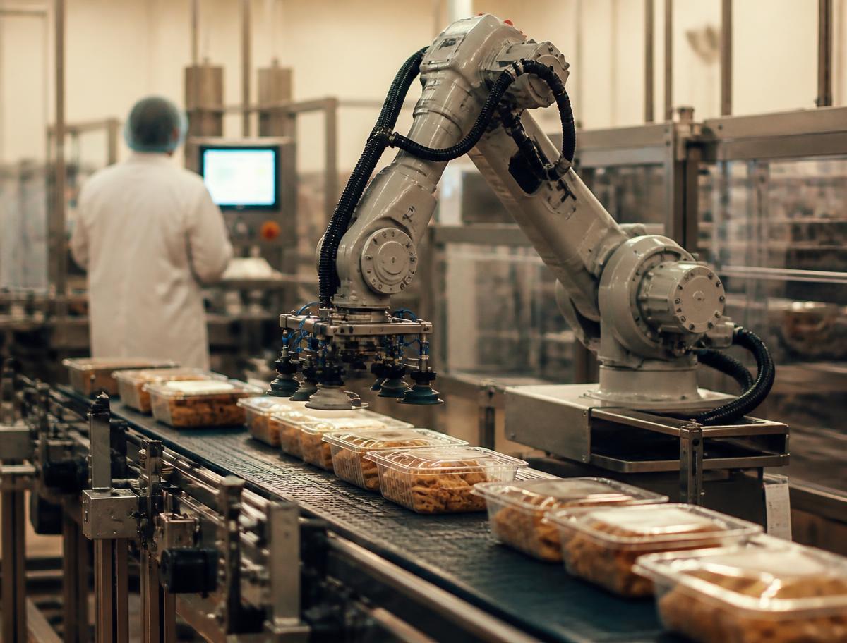 A robotic arm handling packaged product on an automated food production line
